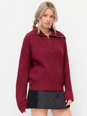 Knit Collar Long Sleeve Half Zip Sweater