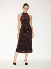 Velvet Halter Neckline Floral Ruched Midi Dress
