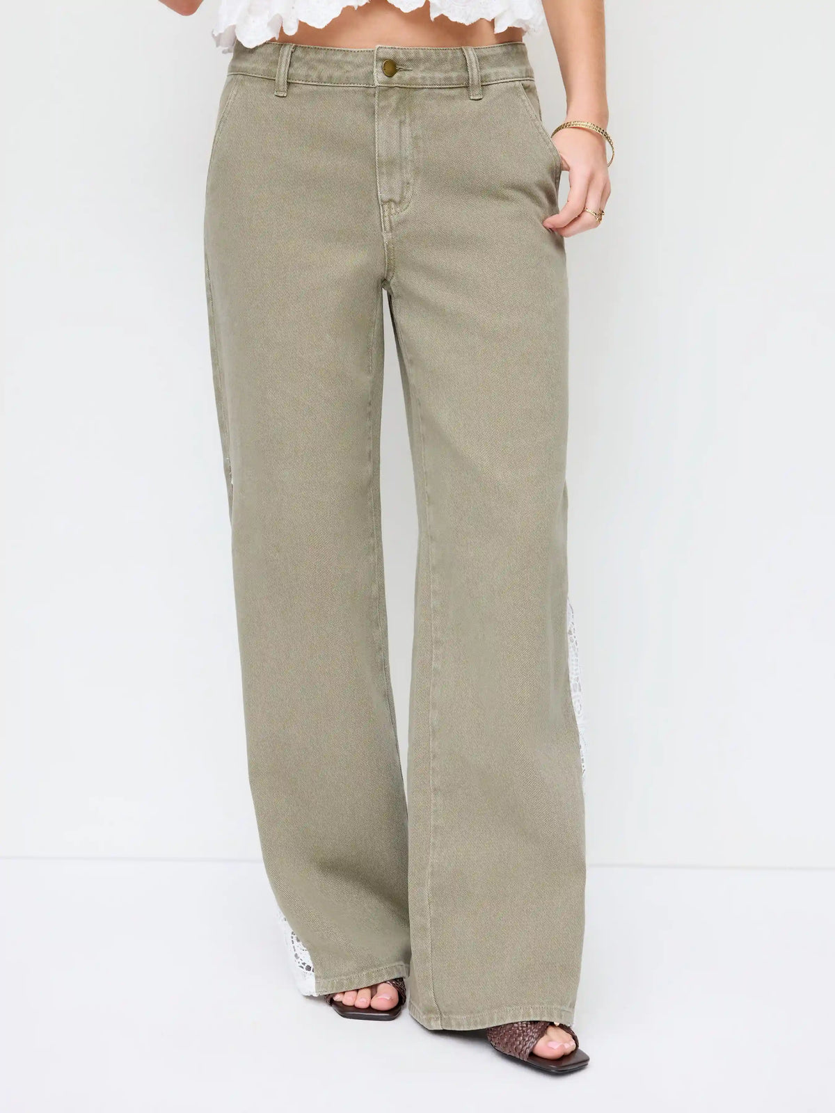Washed Denim Low Rise Lace Panel Oversized Jeans