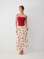 Satin Mid Rise Floral Wrap Bodycon Maxi Skirt