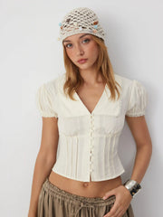 Cotton-blend Textured Lace Trim Puff Sleeve Blouse