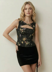 Jacquard Square Neck Floral Metal Detail Cut Out Shirred Tank Top