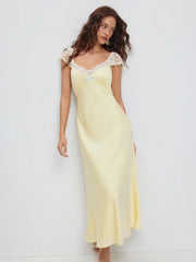 Satin Sweetheart Ruffle sleeve Lace Panel Bowknot Ruched Mermaid Maxi Dress