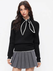 Knit High Neck Bowknot Contrasting Binding Top
