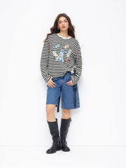 Cotton-blend Bunny Graphic Round Neckline Striped Oversized Tee