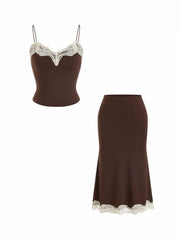 Lace Trim V-neck Cami Top & Low Rise Midi Skirt Set