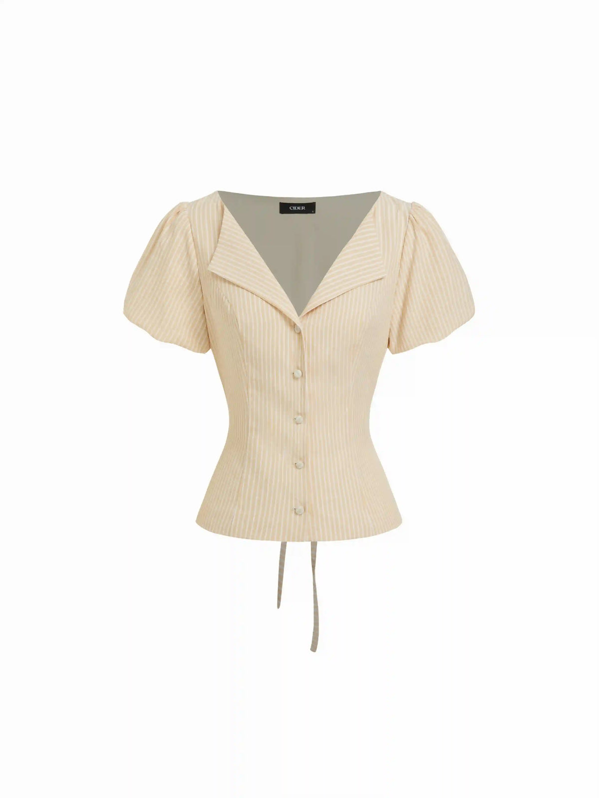 Cotton-blend Striped Puff Sleeve Tie-back Blouse