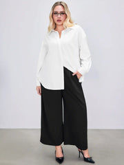 Solid High Waist Pleated Pocket Wide Leg Trousers Curve & Plus