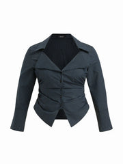 Cotton-blend Stripe Collar Long Sleeve Ruched Belted Shirt Curve & Plus