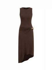 Ruched Metal Detail Asymmetrical Hem Midi Tank Dress