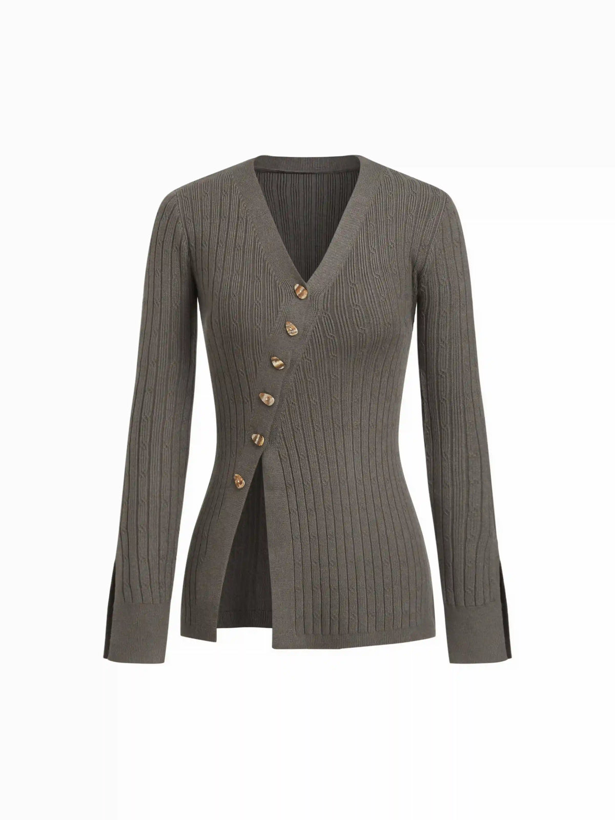 Cable Knit V-neck Asymmetrical Split Button Cardigan
