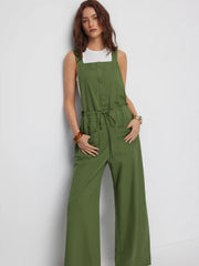 Linen-blend Square Neck Mid Rise Drawstring Oversized Wide Leg Jumpsuit