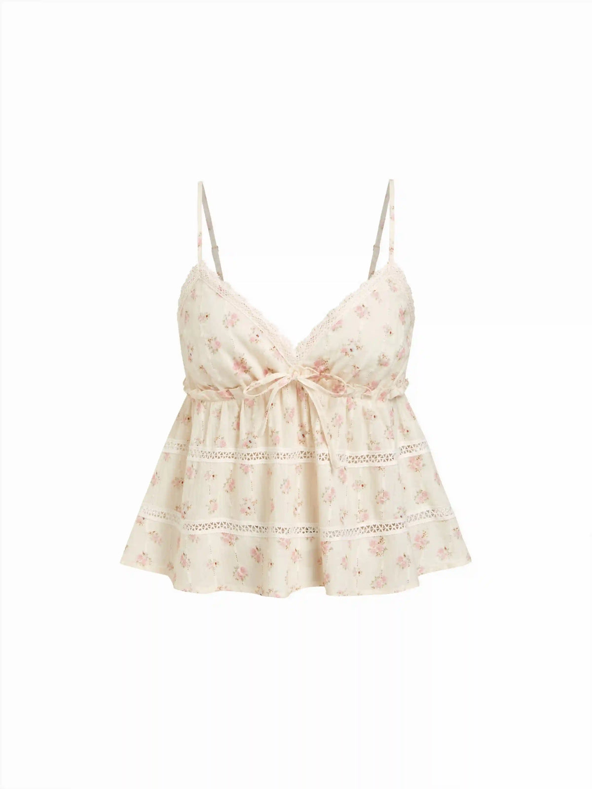 Cotton Floral Sweetheart Lace Panel Shirred Peplum Cami Top