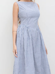 Cotton-blend Boat Neck Striped Ruffle Maxi Dress