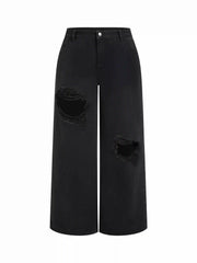 Cider Denim Low Rise Cut Out Ripped Wide Leg Jeans Curve & Plus