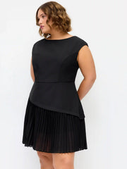 Boat Neck Pleated A-line Mini Dress Curve & Plus