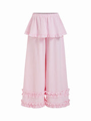 Gingham Mid Rise Ruffled Peplum Lettuce Trim Oversized Wide Leg Trousers