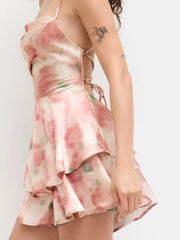 Square Neck Floral Lace Up Ruffle Romper