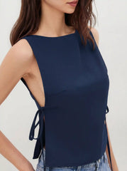 Linen-blend Boat Neck Tie Side Knotted Split Tank Top
