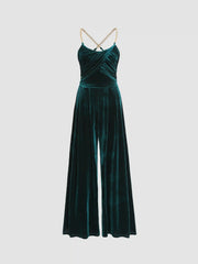 Solid Velvet Scoop Neckline Sleeveless Ruched Jumpsuit