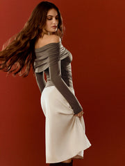 Off-Shoulder Ruched Metal Detail Long Sleeve Top