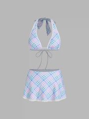 Halter Neckline Check Broderie Anglaise Trim Knotted Skirt Bikini Set