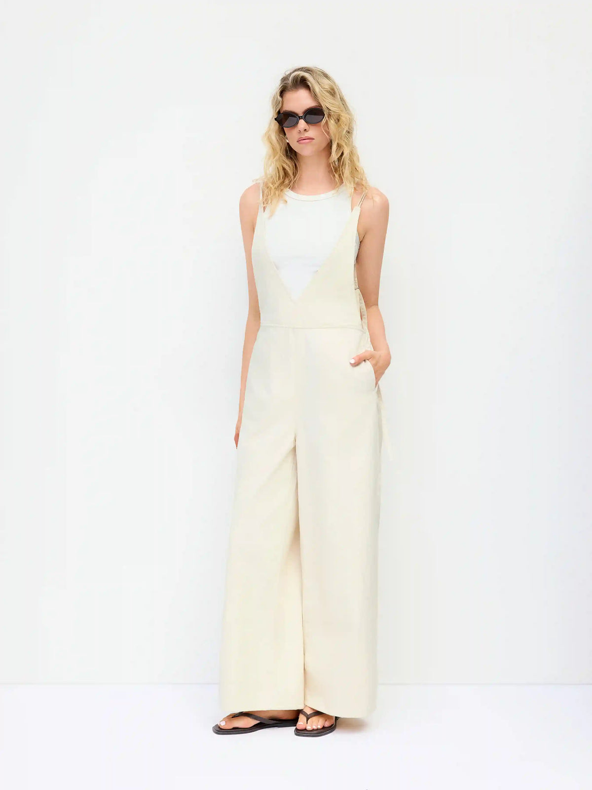Denim Mid Rise V-neck Backless Pearl Detail Wide Leg Oversized Jumpsuit