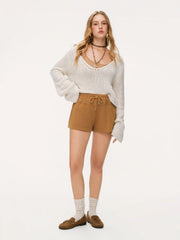 Cotton-blend Mid Rise Studded Drawstring Shorts