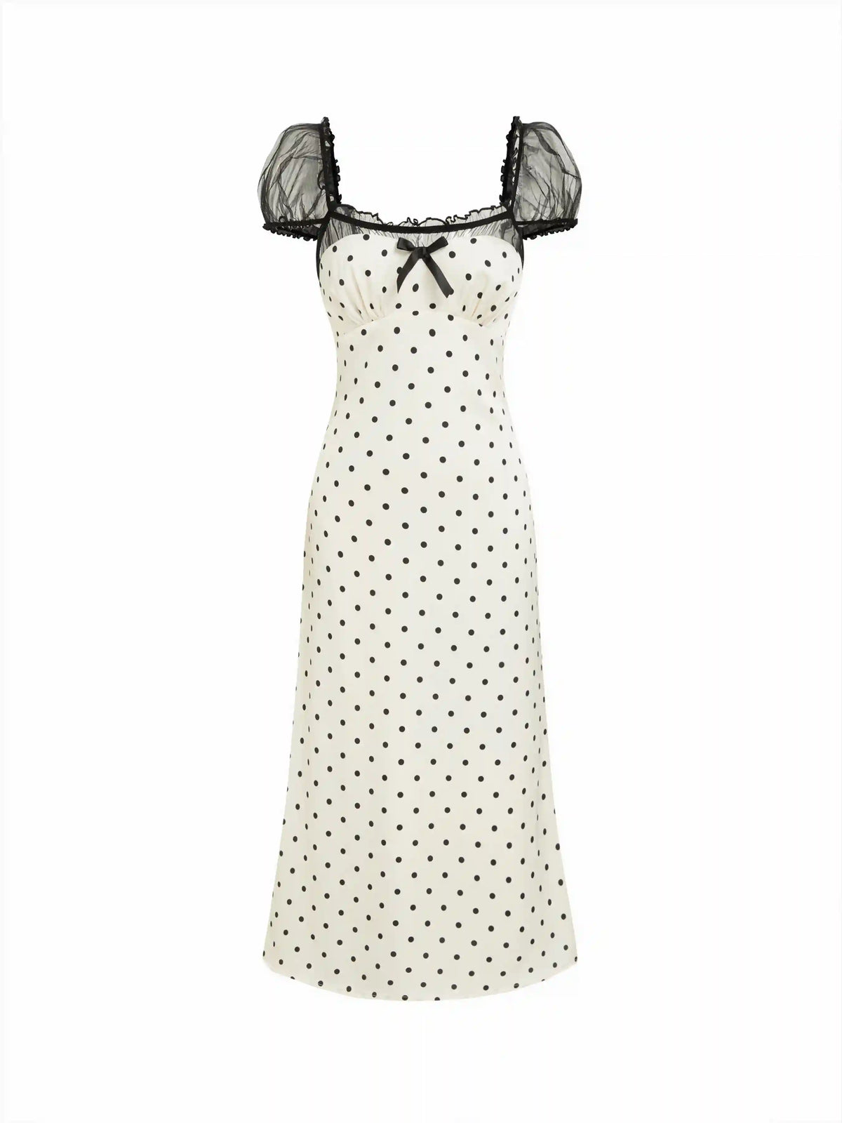 Satin Polka Dot Square Neck Puff Sleeve Bowknot A-line Maxi Dress