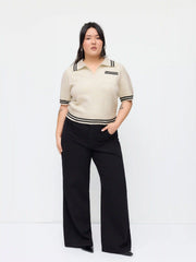 Knit Collar Stripe Short Sleeve Top Curve & Plus