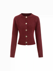 Knit Round Neckline Long Sleeve Metal Button Cardigan