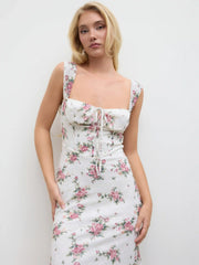 Lace Floral Knotted Ruffle Midi Dress