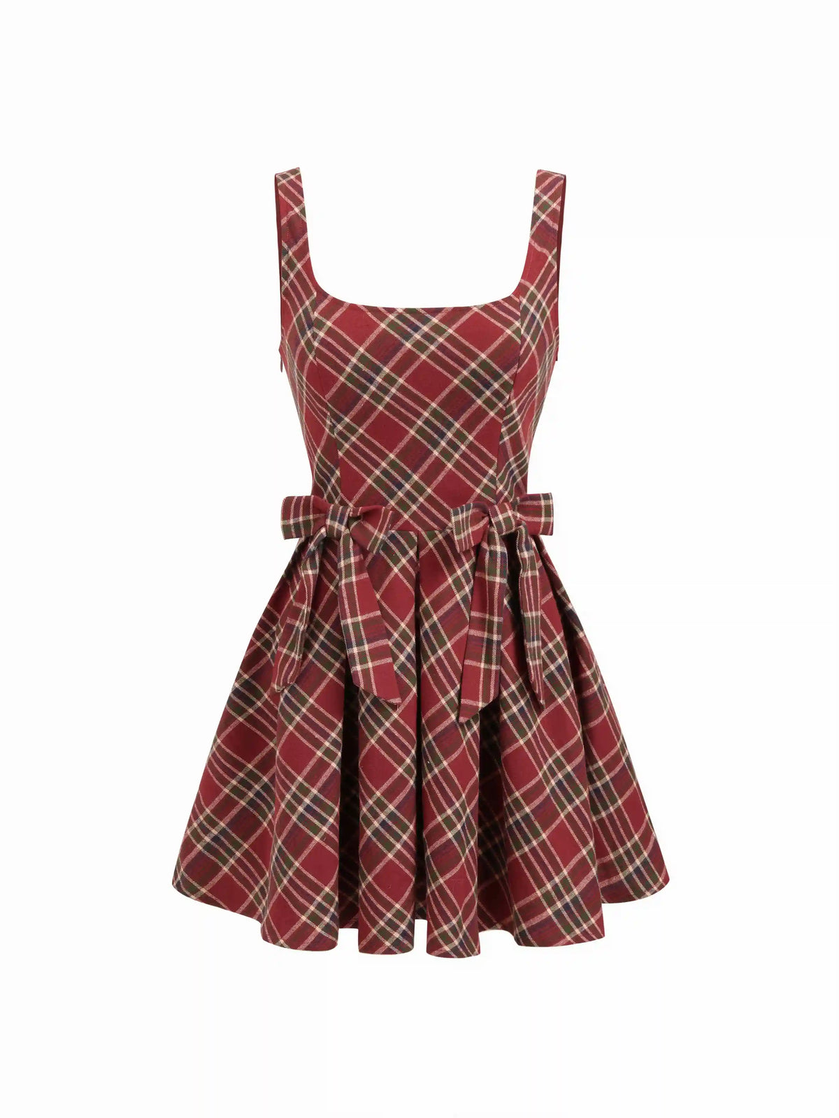 Cotton Scoop Neckline Plaid Bowknot Mini Dress