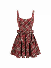Cotton Scoop Neckline Plaid Bowknot Mini Dress