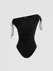 Asymmetrical Neck Drawstring Ruched Bodysuit