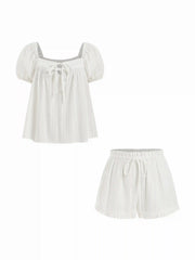 Cotton-blend Stripe Tie Front Oversized Top &  High Rise Lettuce Trim Shorts Set