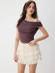 Lace Layered Drawstring Mid Rise Mini Skirt