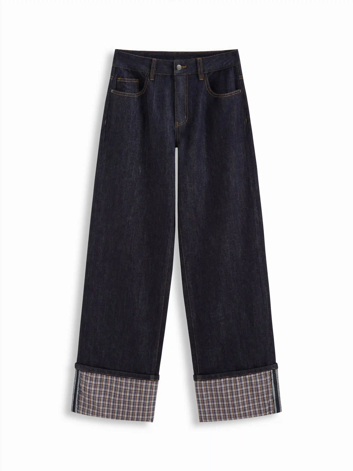 Cider Stretch Denim Mid Rise Plaid Roll Hem Straight Leg Jeans