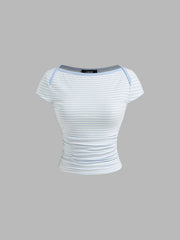 Cotton-blend Boat Neck Ruched Striped Tee