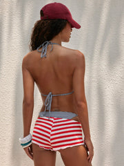 Striped Halter Neckline Starfish Detail 3 Piece Bikini Set With Shorts