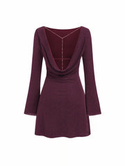 Boat Neck Glitter Backless Rhinestone Chain Detail Bell Sleeve Mini Dress