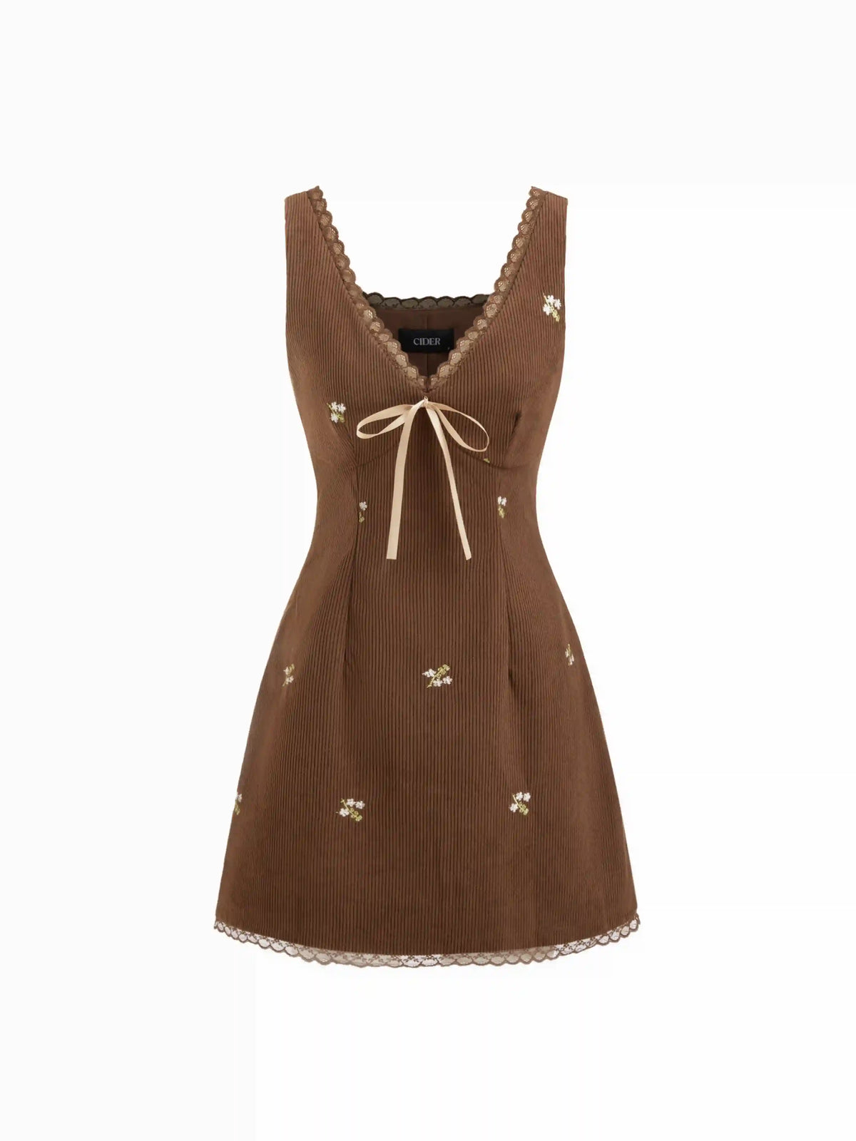 Corduroy Floral V-neck Lace Trim Bowknot Mini Dress