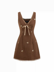 Corduroy Floral V-neck Lace Trim Bowknot Mini Dress