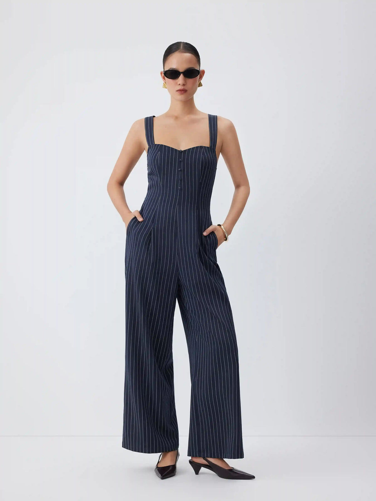 Striped Sweetheart Neck Criss Cross Mid Rise Wide Leg Jumpsuit