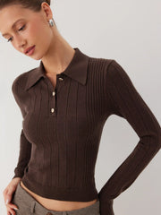Knit Polo Metal Detail Long Sleeve Top