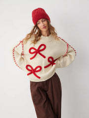 Knit Jacquard Bowknot Contrast Trim Oversized Sweater