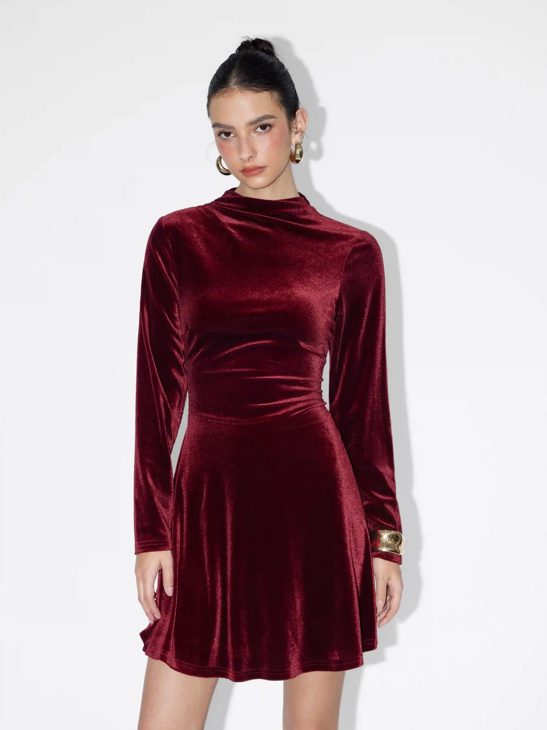 Velvet Stand Collar Ruched Zipper Mini Dress