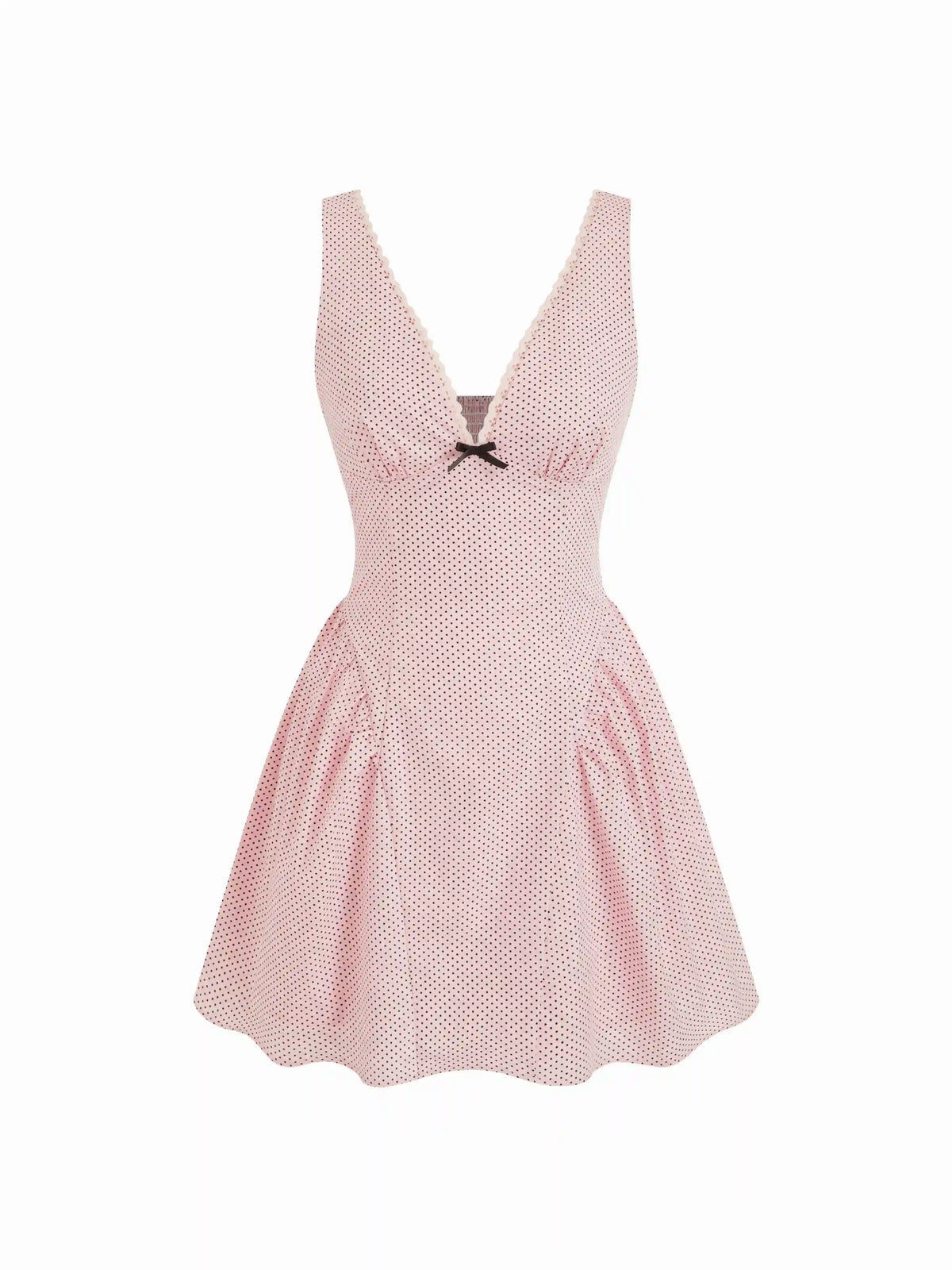 Cotton-blend V-neck Polka Dot Bowknot Smock Mini Dress