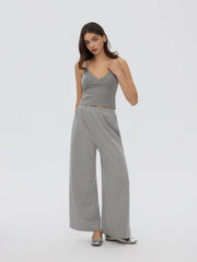 Cotton-blend V-neck Polka Dot Crop Cami Top & Mid Rise Striped Wide Leg Trousers Set