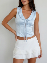 Satin Peter Pan Collar Bowknot Blouse
